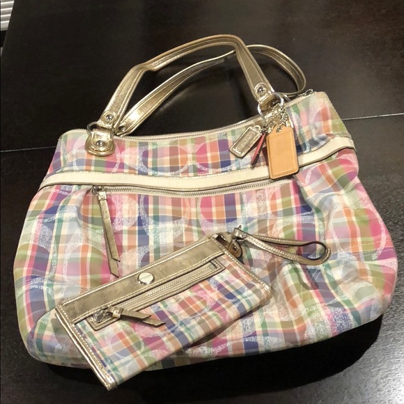 Coach Handbags - Coach Poppy Madras Plaid Glam Tote & Zippy Wallet